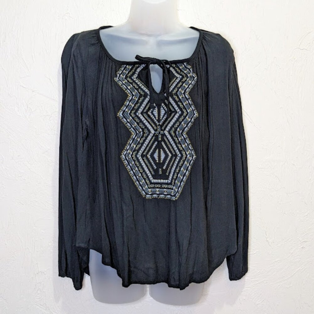 Black Peasant Hippie Blouse Womens S Flowy Lightweight Casual Boho Tunic Top